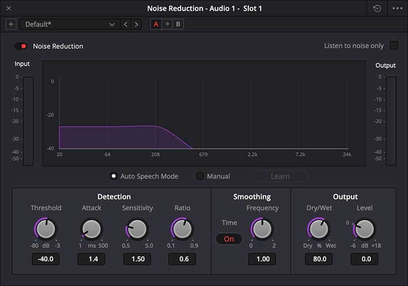 noise reduction screen in DaVinci Resolve