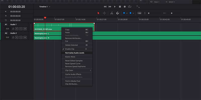 Normalizing audio levels in DaVinci Resolve