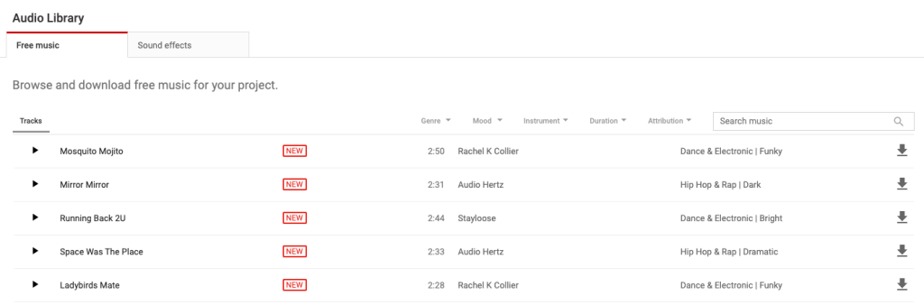 YouTube audio library