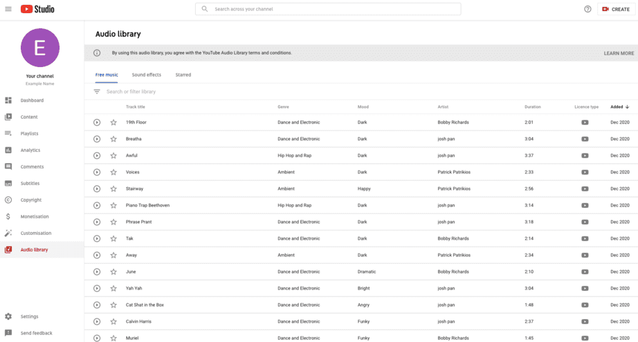 YouTube studio audio library