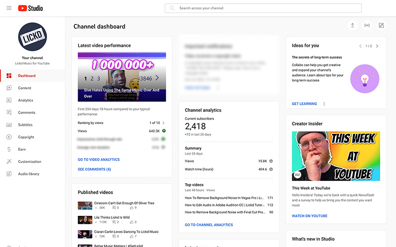 YouTube studio dashboard