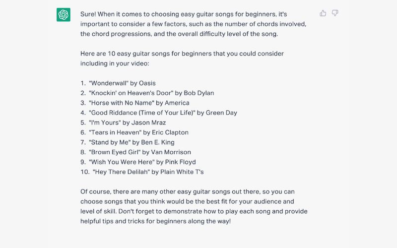Chat GPT example question music